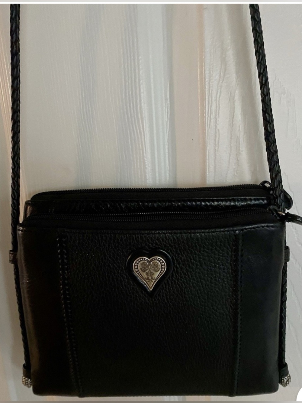 Brighton Black Leather Small Crossbody Handbag with braided Shoulder Straps